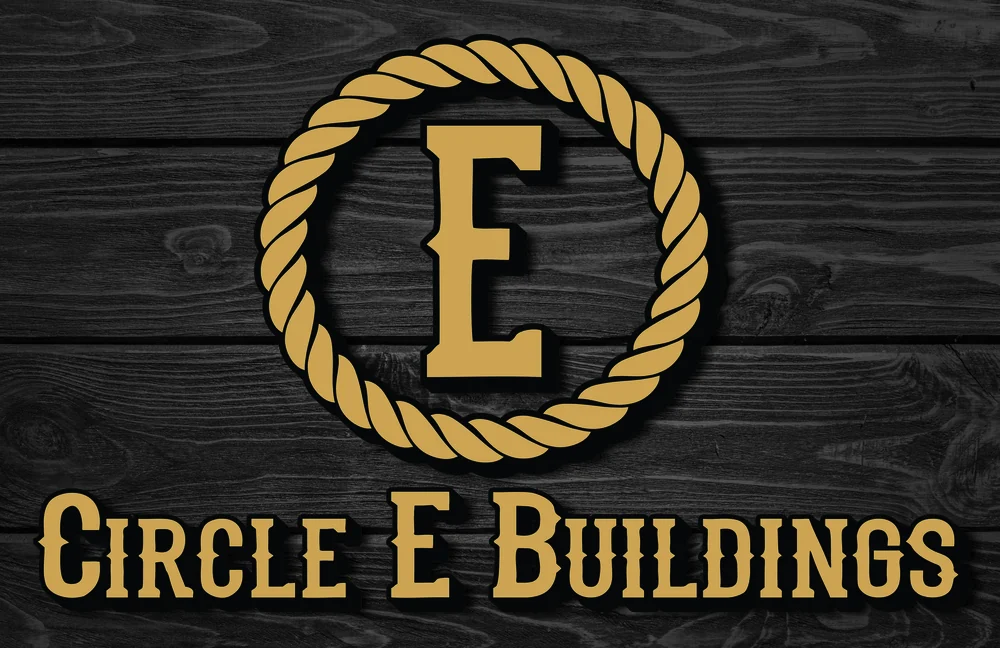 Circle E Buildings gold rope emblem and lettering on a dark wood background