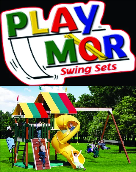 Play-Mor playset catalog cover showing a backyard swing set and slide