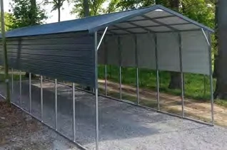 Tall metal RV cover with partial side panels and open ends